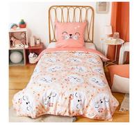 Parure de lit Chat 140x200 cm- Housse de Couette Rose + 1 Taie d’Oreiller avec Oreilles Matelassées - Parure Réversible Microfibre