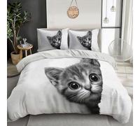 Parure De Lit Chat Qui Jette Un Coup D'Œil Housse Couette Animal Mignon Réaliste Garçons Filles Léger Microfibre avec Fermeture, Gris Housse De Couette 140 x 200 cm Décoration 2 PièCes