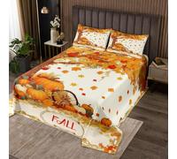 Parure de lit citrouille d'automne - Taille M - Feuilles d'érable naturelles - Durable - Pour filles et adolescents - Baie rouge - Aquarelle - Pays rustique - Polyester doux - Avec 2 taies d'oreiller