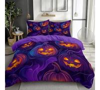 Parure de Lit Citrouille De Dessin Animé D'Halloween 200 x 200 cm Housse de Couette en Microfibre, Violet Ensemble de Literie pour Filles Garçon Ado, Imprimé Housse de Couette + 2 Taie d'oreiller