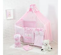 Parure de lit complète pour bébé 16 pièces sans lit pour lit de taille 60x120 en 100% coton brodé avec un ours en peluche avec un cœur, moustiquaire incluse Rose