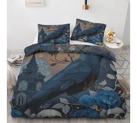 Parure de Lit Corbeau Gothique - Housse de Couette Imprimé Crâne de Fleur Église Rétro - 1 x Housse Couette Microfibre 200x200 cm 2 Personnes et 2 x Taies d'oreiller 65x65 cm avec Fermeture Eclair