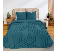 Parure de lit - CÔTÉ DÉCO - Courbes Bleues - 220 x 240 cm - 100% coton lavé - Motif géométrique frangé bleu