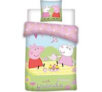 Parure de Lit Coton Enfant Peppa Pig - Friends - Housse de couette 140x200 cm - Taie d'oreiller 65x65 cm