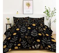 Parure de Lit Couette Imprimée 3 Pièces 135×200 cm, Mignon Floral Feuilles Couette Toutes Saisons avec 2 Taies d’Oreiller, Literie Douce et Confortable, Décoration de Chambre Noir et Jaune