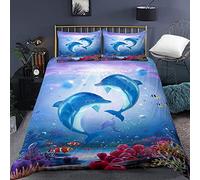 Parure De Lit Dauphin Couple Sous L'Eau 240X260 Cm Ensemble De Literie Trois Pièces En Microfibre Avec 1 Housse De Couette Avec Fermeture Éclair Et 2 Taies D'Oreillers 65X65 Cm - Entretien Facile