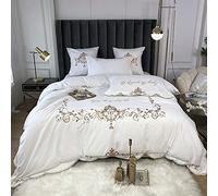 Parure de lit de luxe - 100 % coton - Housse de couette de qualité hôtelière - Broderie tendance avec drap plat et taies d'oreiller - 4 pièces (couleur : blanc, taille : double) (blanc double)