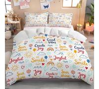 Parure de Lit Dessin Animé Dessiné À La Main 140x200cm Réversible avec 1 Taies d'oreiller, Housse de Couette Paroles Inspirantes pour 1 Personne Parure Couette avec Fermeture Éclair, Blanc