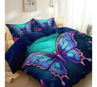 Parure de Lit Dessin Animé Fleurs Roses Papillons Thème, Bleu-Gris Housse de Couette en Microfibre Légère, Ensemble Réversible avec Fermeture Éclair pour Été Fille Enfant Ado, 240 x 260 cm