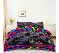 Parure de Lit Dessin Animé Microfibre Douce avec Fermeture Éclair 90 X 190 | Housse de Couette Réversible avec Taie D’Oreiller Multicolore, Parure de Lit Monster Truck Style Américain Doux et Respirant