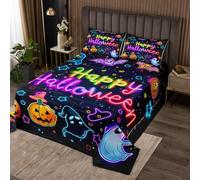 Parure de lit d'Halloween heureuse - Taille M - Vert violet rouge - 3D néon - Durable - Pour filles et adolescents - Avec 2 taies d'oreiller