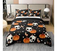 Parure de lit d'Halloween heureuse - Taille XL - 100 % coton - Motif tête de mort - Yeux de chat noirs - Housse de couette - 2 taies d'oreiller (pas de couette)