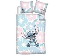Aymax! Parure de lit Stitch Flowers – Réversible 140x200, taie 65x65, polycoton Oeko-Tex – Bleu/Rose