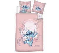 Parure de Lit Disney Stitch Rose, 100% Coton, Housse de Couette 140x200 cm + Taie d'oreiller 65x65 cm