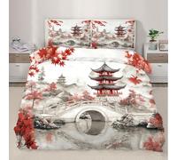 Parure de lit double avec housse de couette à motif paysage japonais, pagode en pierre, feuille d'automne, érable, paysage oriental lavable à l'encre avec fermeture éclair pour chambre à coucher