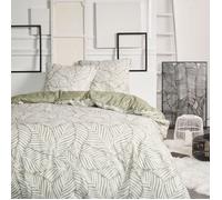 Parure de lit double en coton flanelle imprimé de grandes feuilles - Vert kaki - 220 x 240 cm