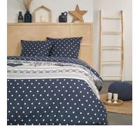Parure de lit double en coton flanelle imprimé pois - Bleu marine - 240 x 260 cm