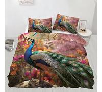 Parure de lit double en microfibre douce avec housse de couette et taies d'oreiller avec fermeture éclair et attaches à motif 3D de paon, animal exotique 3D