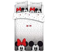 Parure de Lit Double Mickey et Minnie, Housse de Couette 240x220 cm et 2 Taies d'Oreiller 63x63 cm, 100% Polyester