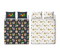 Parure de lit Double Nintendo Super Mario Officielle avec Motif Mario, Luigi et Bowser | Housse de Couette réversible Noire Double Face avec taies d'oreiller Assorties