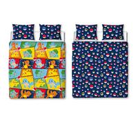 Parure de lit Pokémon officielle pour lit double - Design rétro - Bleu - Réversible - Pikachu Squirtle Charmander - 2 côtés - Produit officiel - Avec taies d'oreiller assorties