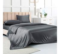 Parure de lit douce 4 pièces en satin pour très grand lit avec 1 drap-housse à poche profonde, 1 drap plat, 2 taies d'oreiller - Gris