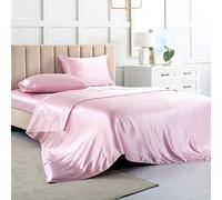 Parure de lit douce 4 pièces pour lit queen size en satin soyeux avec 1 drap-housse à bonnets profonds, 1 drap plat, 2 taies d'oreiller, rose