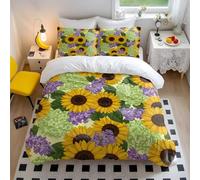 Parure de lit en coton avec 2 taies d'oreiller Motif tournesol hortensia lilas King size Housse de couette florale double Campagne botanique en coton avec 2 taies d'oreiller (3, double + 50 x 75 cm x