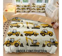 Parure de lit en microfibre douce avec housse de couette imprimée excavatrice et grue de dessin animé jaune pour garçons, tout-petits et enfants (01, simple 135 x 200 cm + 2 x 65 x 65 cm)