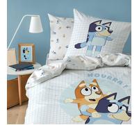 BLUEY HOURRA Parure de lit Enfant 1 Personne | 100% Coton | Oeko-TEX | Housse de Couette 140x200 cm + Taie d'oreiller 63x63 cm | Imprimé | Bleu