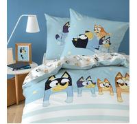 OMYDREAM BLUEY Together Parure de lit Enfant 1 Personne | 100% Coton | Oeko-TEX | Housse de Couette 140x200 cm + Taie d'oreiller 63x63 cm | Imprimé | Bleu