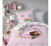 Gabby ET LA Maison Magique Garden Parure de lit Enfant 1 Personne | 100% Coton | Oeko-TEX | Housse de Couette 140x200 cm + 1 Taie d'oreiller 63x63 cm | Imprimé Réversible Fille | Rose