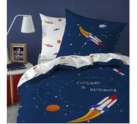 MATT & ROSE Parure de Lit Enfant Explore Space 140x200 cm | 100% Coton | Oeko-TEX | Housse de Couette 1 Personne 140x200 cm 1 Taie d'oreiller 63x63 cm Imprimés Réversibles | Bleu