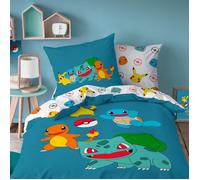 Pokémon Power Parure de lit Enfant | 100% Coton | Oeko-TEX | Housse de Couette 140x200 cm + Taie d'oreiller 63x63 cm | Imprimé Réversible Garçon (Bleu)