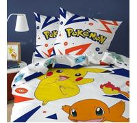 Pokemon Pika Parure de Lit Enfant 140x200 cm | 100% Coton | Oeko-TEX | Housse de Couette 1 Personne 140x200 cm + 1 Taie d'oreiller 63x63 cm Imprimées Réversibles | Blanc, Bleu