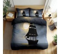 Parure de Lit Enfant 200 x 200 cm Peinture Numérique Pleine Lune Navire Pirate Housse de Couette Microfibre Doux et Respirant, Gris Literie 1 Personnes Fermeture Éclair Taies d'oreiller 65x65cm