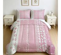 Parure de Lit Enfant 4 Saisons Grille du Cœur 140 x 200 cm Rose Couette et Housse de Couette Hiver Été Lavable pour Lit 2 Personnes