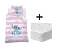 Parure de lit enfant avec drap housse 100% Coton - DISNEY STITCH STRIPE - Blanc/rose - 140x200+63x63cm + 90x190cm