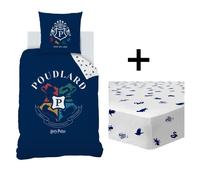 Parure de lit enfant avec drap housse 100% Coton - HARRY POTTER BLASON - Bleu nuit - 140x200+63x63cm + 90x19cm