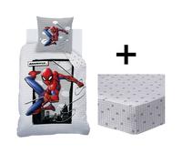 Spiderman Home Hero Ensemble Parure de Lit et Drap Housse Enfant | 100% Coton | Oeko-TEX | Housse de couette 140x200cm + 1 Taie d'oreiller 63x63cm + 1 Drap Housse 90x190cm | Imprimé Garçon (Gris)