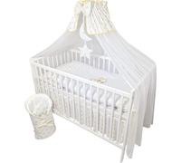 Parure de lit enfant complète de 11 pièces sans lit pour berceau en 60x120 en 100% coton avec broderie d'un ourson sur la lune y compris moustiquaire avec étoiles dorées