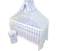 Parure de lit enfant complète de 11 pièces sans lit pour berceau en taille 60x120 en 100% coton avec broderie d'un ourson sur la lune y compris moustiquaire en bleu