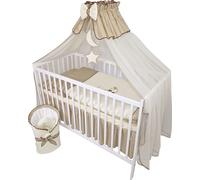Parure de lit enfant complète de 11 pièces sans lit pour berceau en taille 60x120 en 100% coton avec broderie d'un ourson sur la lune y compris moustiquaire beige foncé