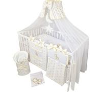 Parure de lit enfant complète de 14 pièces sans lit pour berceau en 60x120 en 100% coton avec broderie d'un ourson sur la lune y compris moustiquaire avec étoiles dorées