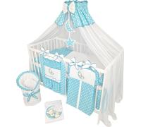 Parure de lit enfant complète de 14 pièces sans lit pour berceau en taille 60x120 en 100% coton avec broderie d'un ourson sur la lune y compris moustiquaire bleu azur