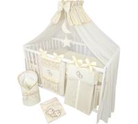 Parure de lit enfant complète de 14 pièces sans lit pour berceau en taille 70x140 en 100% coton avec broderie d'un ourson sur la lune y compris moustiquaire Beige clair