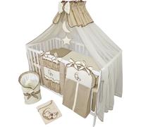 Parure de lit enfant complète de 14 pièces sans lit pour berceau en taille 70x140 en 100% coton avec broderie d'un ourson sur la lune y compris moustiquaire beige foncé