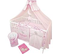 Parure de lit enfant complète de 14 pièces sans lit pour berceau en taille 70x140 en 100% coton avec broderie d'un ourson sur la lune y compris moustiquaire Rose