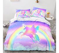 Parure de Lit Enfant Licorne Ensemble de Literie en Polyester Fleurs Arc-en-ciel Papillon Licorne Pégase Impression Fille Confort Literie Housse de Couette avec Zipper (Couleur 5,200x200 cm)