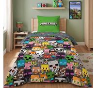Parure de Lit Enfant Minecraft, 100% Coton Oeko-Tex, Lit 1 Place, Housse de Couette 140x200 cm, Taie d'oreiller 63x63 cm. Creeper, Steve, Alex et Zombie